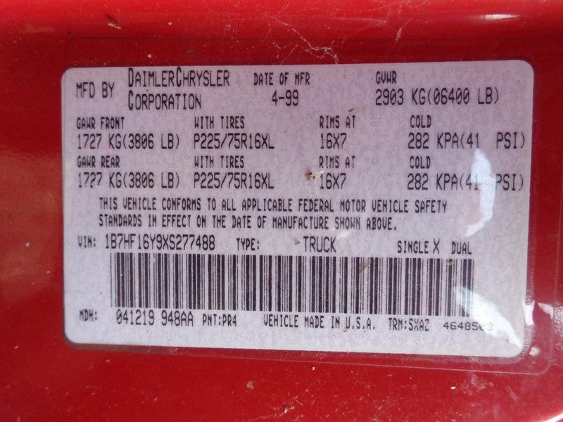 1999 Dodge Ram 1500 Fuse Panel OEM 5.2 L Automatic